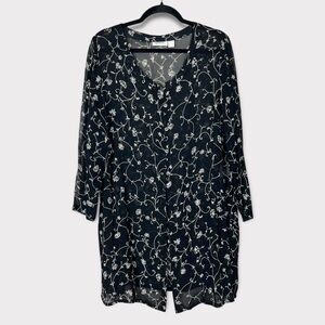 Dark Floral Sheer Button Up Tunic Top Large Loose Fit Grunge Fairy Whimsigoth